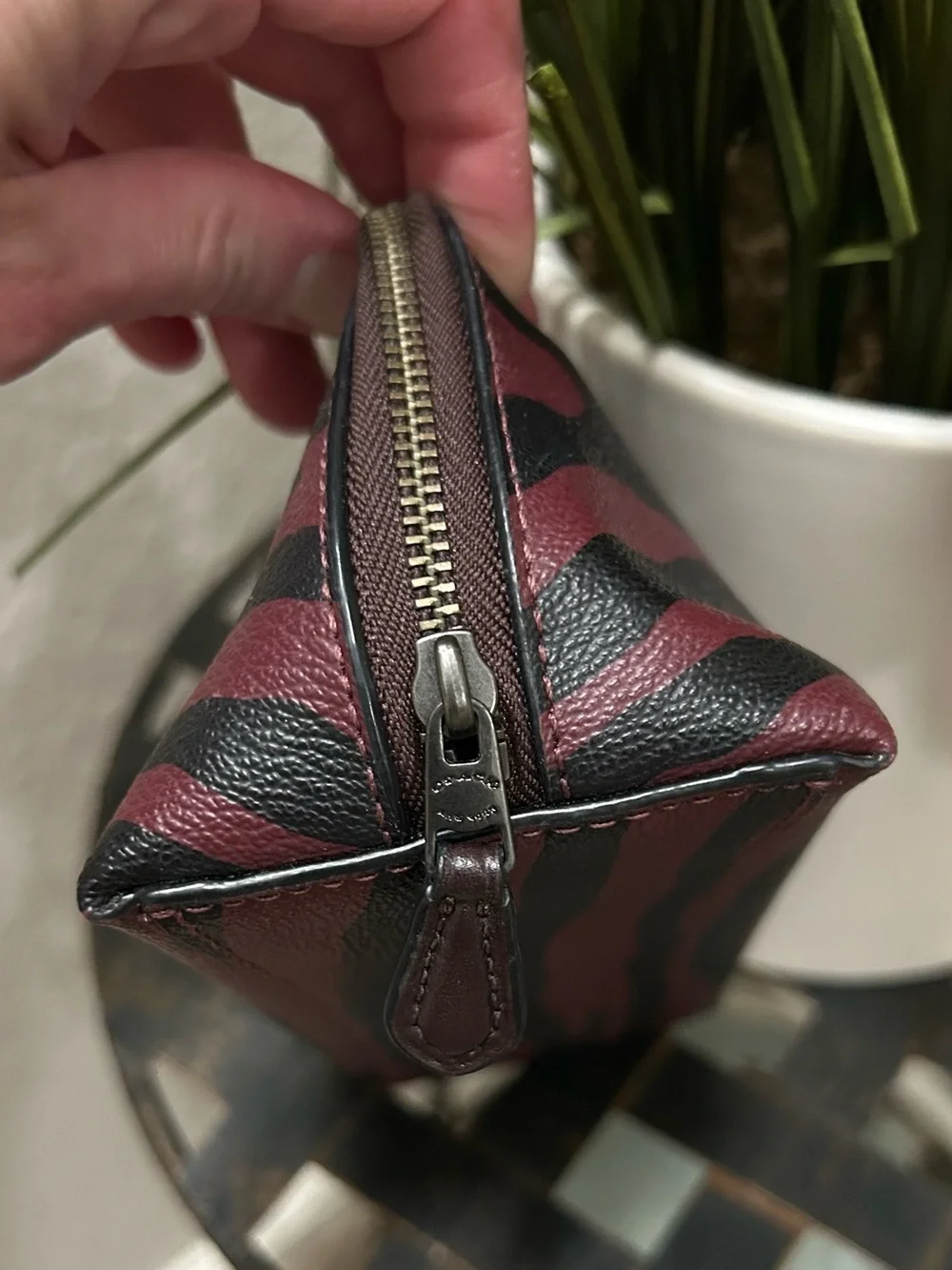 COACH Men's Burgundy and Black Zebra Print Toiletry Pouch